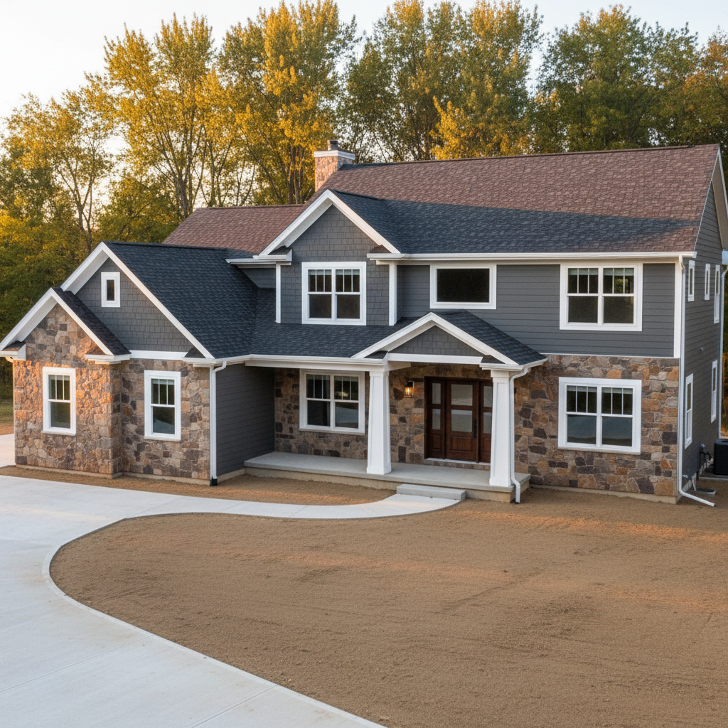 An expansive exterior scene of a custom residential home nearing completion in West Michigan, showcasing mixed siding of fiber-cement panels and natural stone veneer, with dark architectural shingles and clean white trim. The front entry features sturdy square columns and a covered porch, set against a neatly graded yard ready for final landscaping. Golden hour sunlight bathes the façade, creating warm highlights on the stone textures and soft shadows under the eaves. Photographic realism from a slightly elevated three-quarter angle emphasizes depth, with the driveway curving toward the viewer and mature trees softly blurred in the distance. The mood is welcoming and aspirational, communicating high-quality craftsmanship and a proven track record in new home construction, with no people visible anywhere.